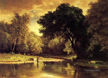 湖池の滝 Painting - 小川の漁師の風景 トーナリスト ジョージ・イネス